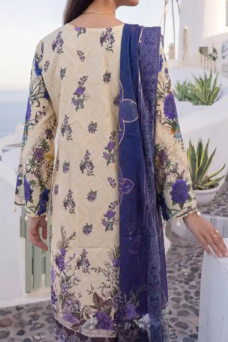 Aabruh Vol-1 3PC Unstitched Printed Lawn Suit (Creamy Vanilla & Deep Indigo Purple)