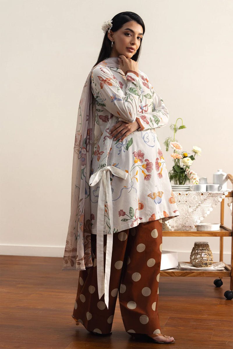COCO By Zara Shahjahan - 3-Piece Unstitched Printed Lawn Suit (Off-White & Terracotta Brown)