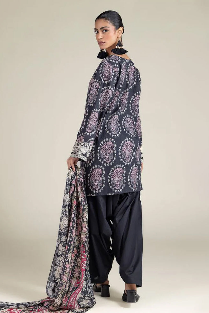 Khaadi – 3 Piece Unstitched Premium Embroidered Digital Printed Lawn Suit (Slate Black & Rose Pink)