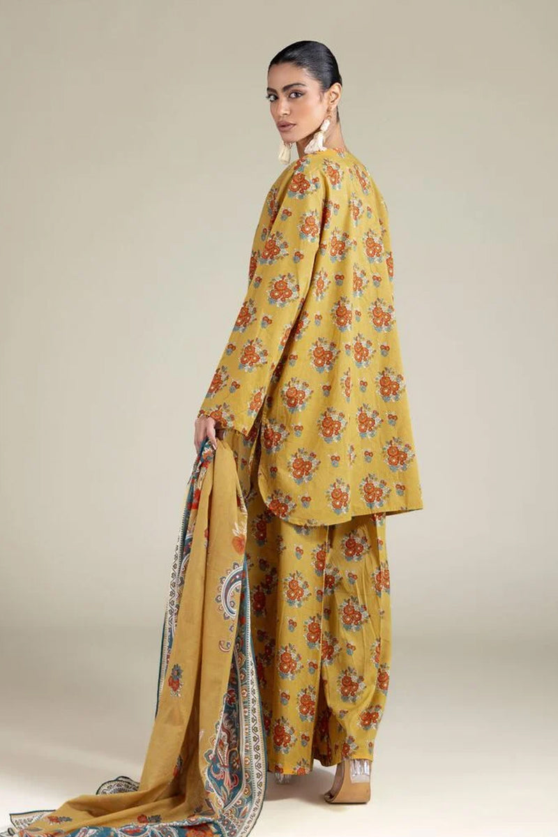 Khaadi – 3 Piece Unstitched Premium Embroidered Digital Printed Lawn Suit (Mustard Gold)