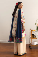 COCO By Zara Shahjahan - 3-Piece Unstitched Printed Lawn Suit (Soft Beige & Navy Blue)