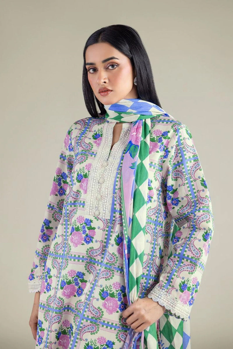 Khaadi – 3 Piece Unstitched Premium Embroidered Digital Printed Lawn Suit (Light Cream & CornFlower Blue)