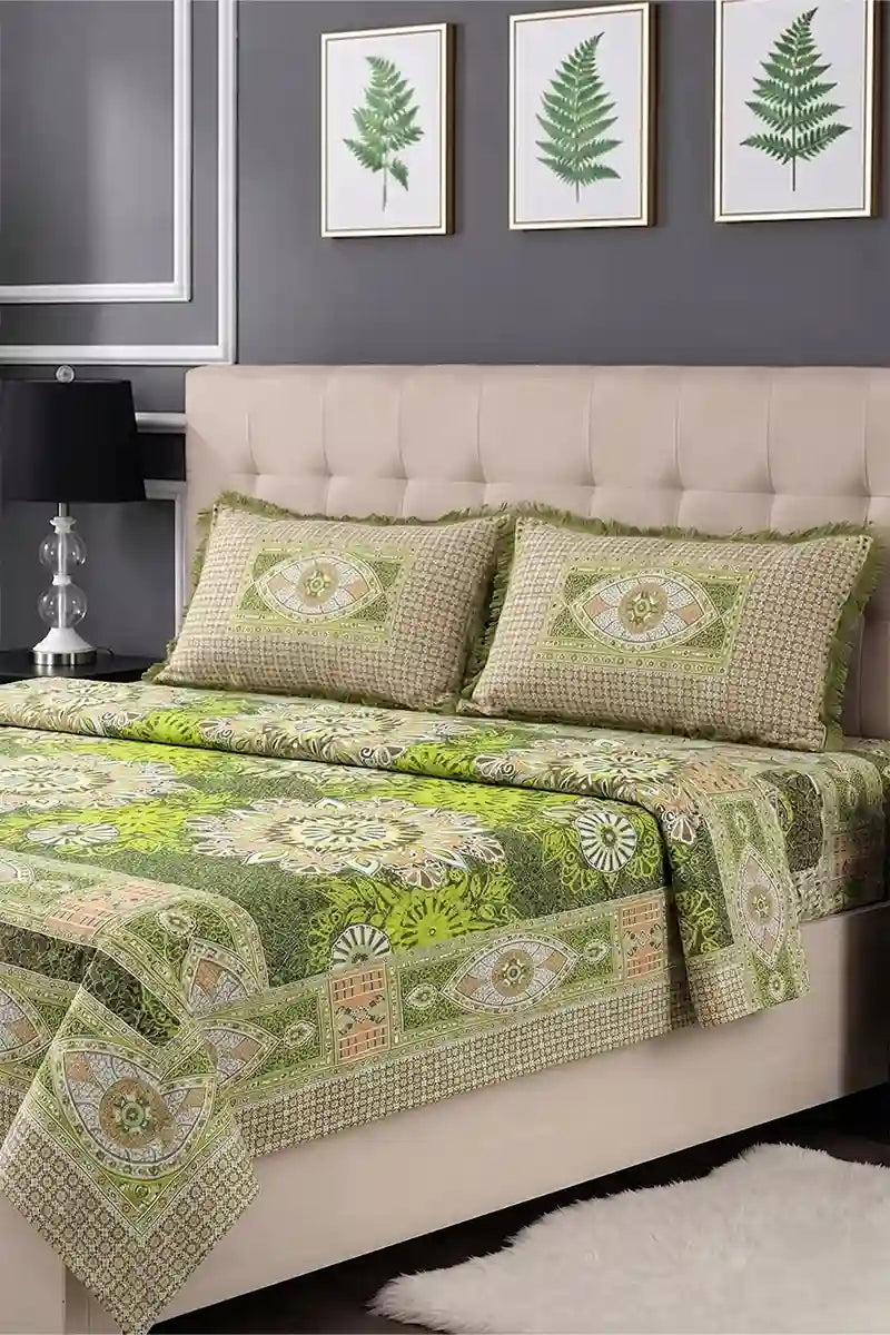 KBCFashion - Luxury Multani Double Bed Sheet Set with Pillow Covers (Chartreuse Green)