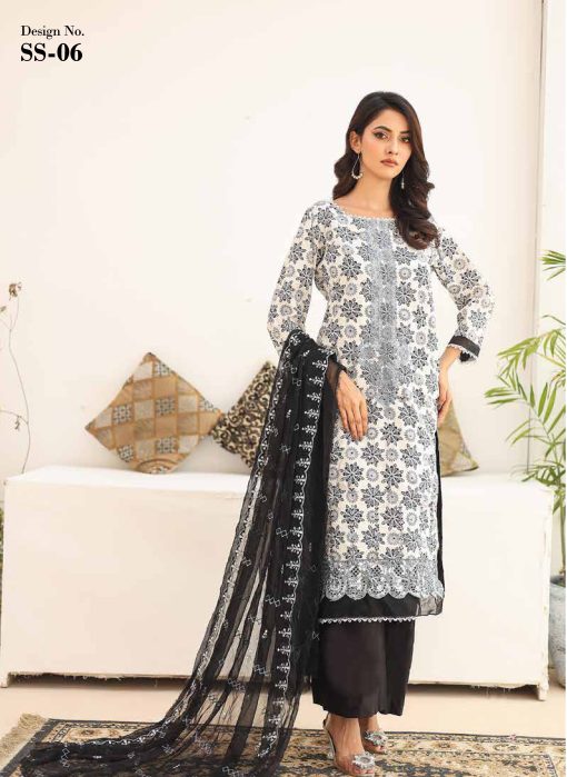Sana Sara 3Pc Embroidered Cambric With CutWork Chiffon Dupatta Series