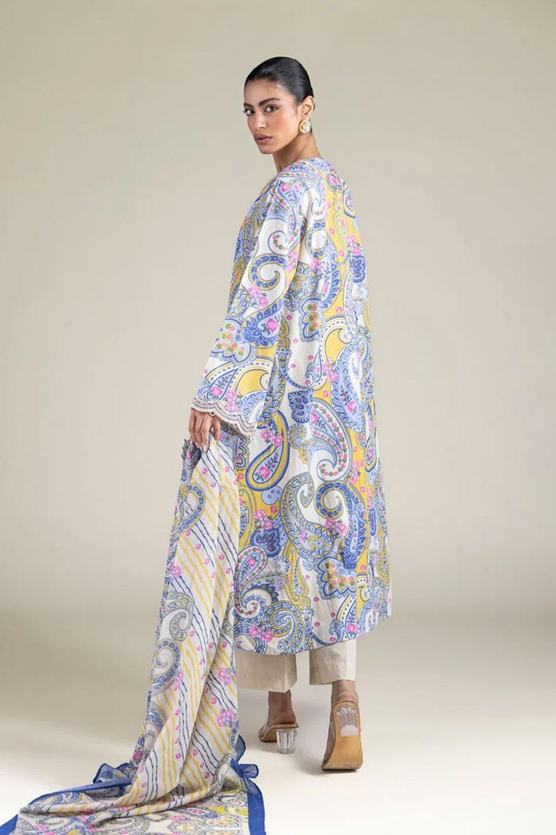 Khaadi – 3 Piece Unstitched Premium Embroidered Digital Printed Lawn Suit (Periwinkle & Royal Blue,Mustard & Cream White))