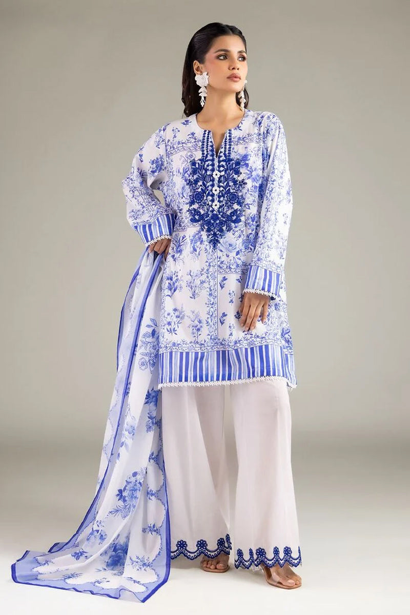 Khaadi – 3 Piece Unstitched Premium Embroidered Digital Printed Lawn Suit (Vivid Blue & White)