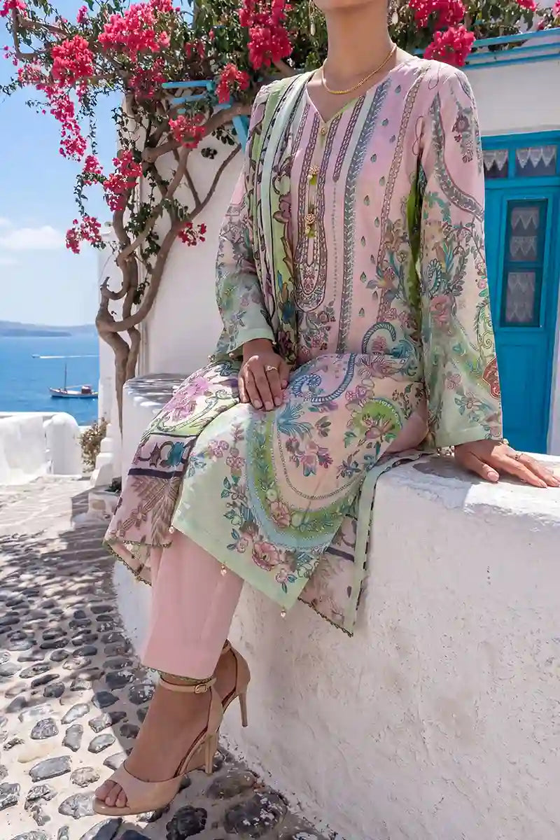 Aabruh Vol-1 3PC Unstitched Printed Lawn Suit (Pastel Pink & Pista)