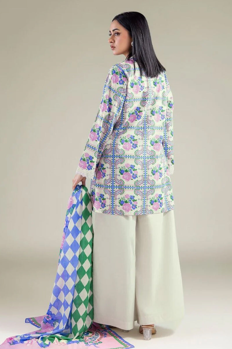 Khaadi – 3 Piece Unstitched Premium Embroidered Digital Printed Lawn Suit (Light Cream & CornFlower Blue)