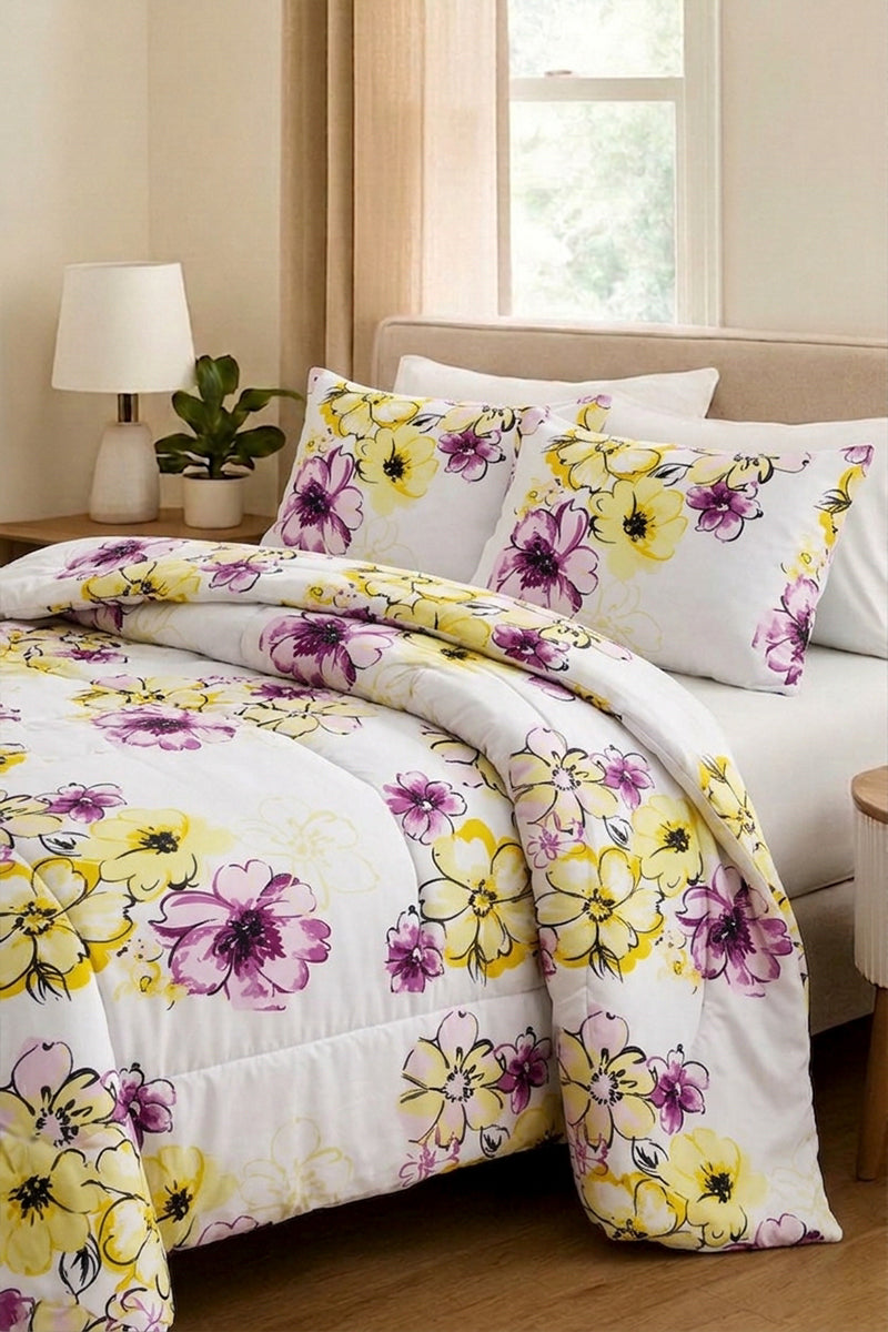 Premium Printed 200 GSM Comforter (Crisp White & Bright Sunny Yellow, Medium Purple)