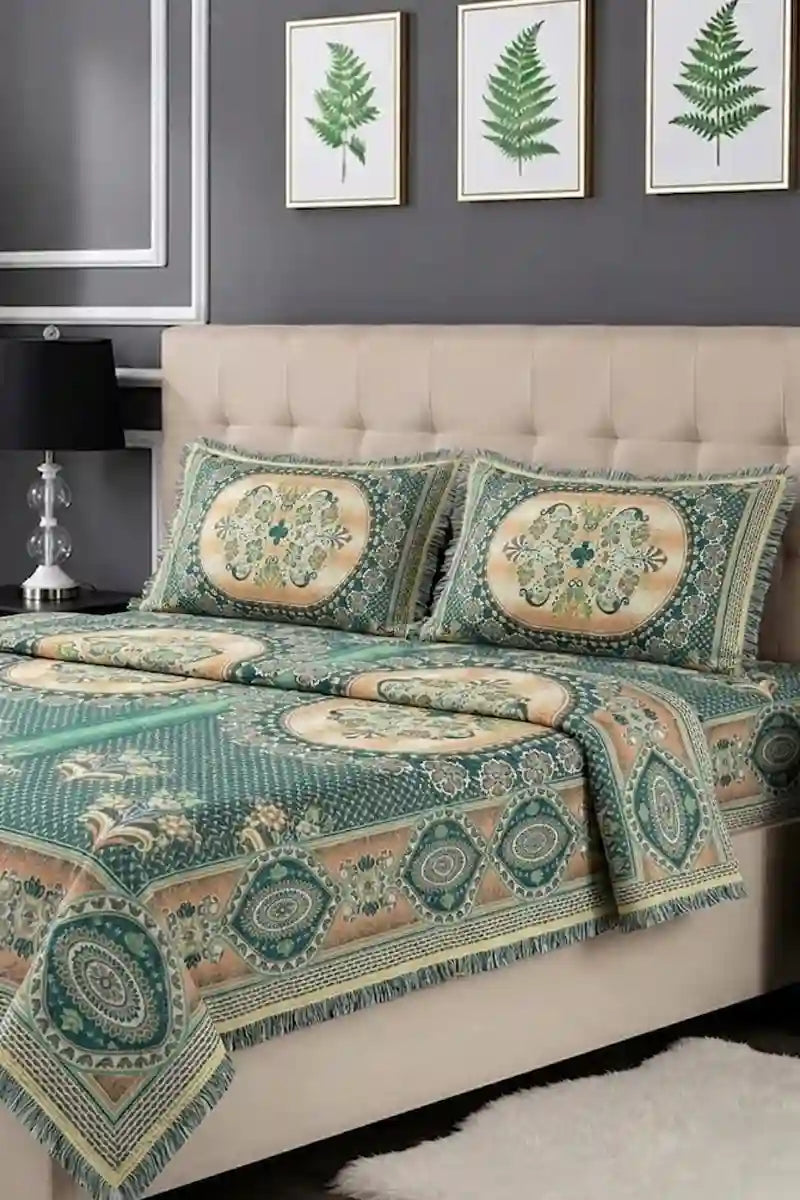 KBCFashion - Luxury Multani Double Bed Sheet Set with Pillow Covers (Sea Green)