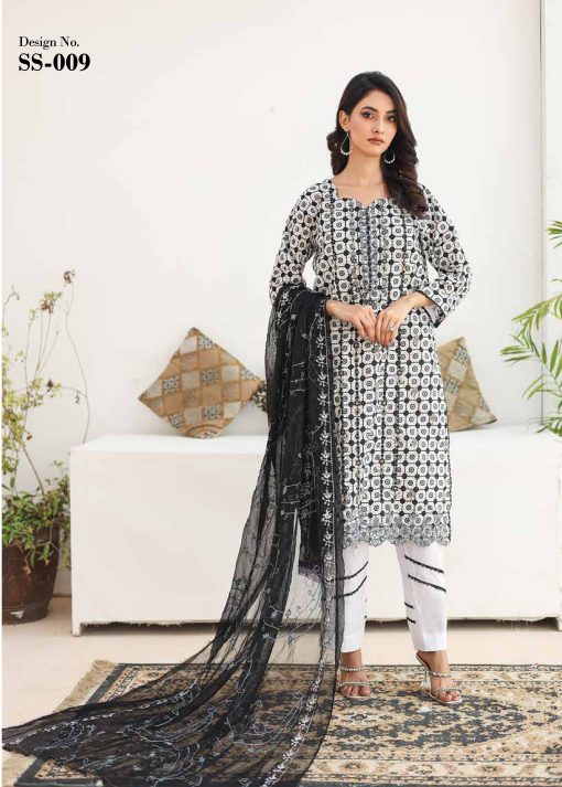 Sana Sara 3Pc Embroidered Cambric With CutWork Chiffon Dupatta Series