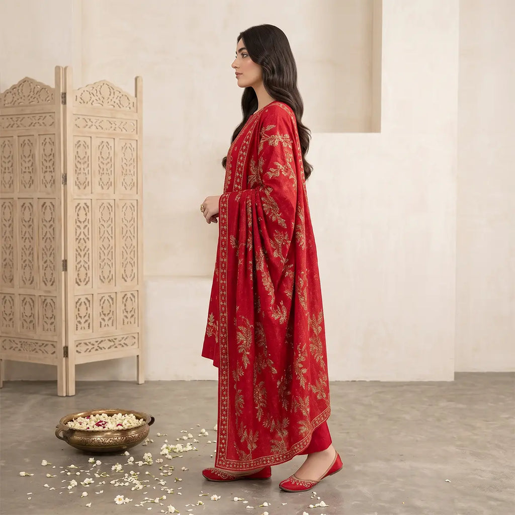 Afsha By Bareeze Fashion Embroidery – Unstitched 3 Piece Suit (Red)