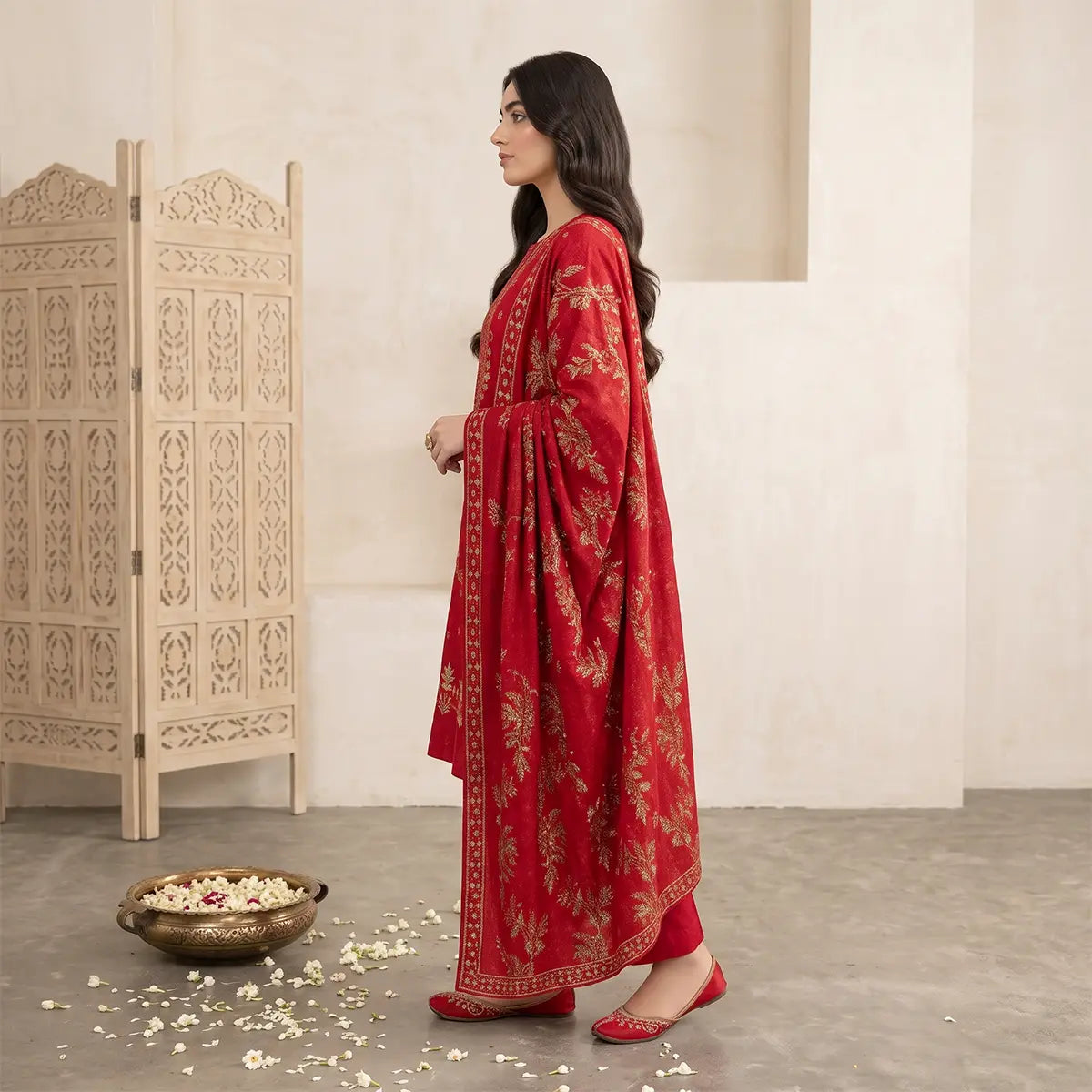 Afsha By Bareeze Fashion Embroidery – Unstitched 3 Piece Suit (Red)