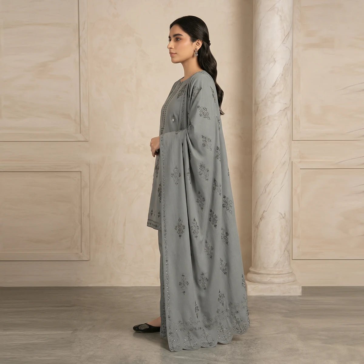 Faiqa By Bareeze Embroidery – Unstitched 3 Piece Suit (Mid Gray)