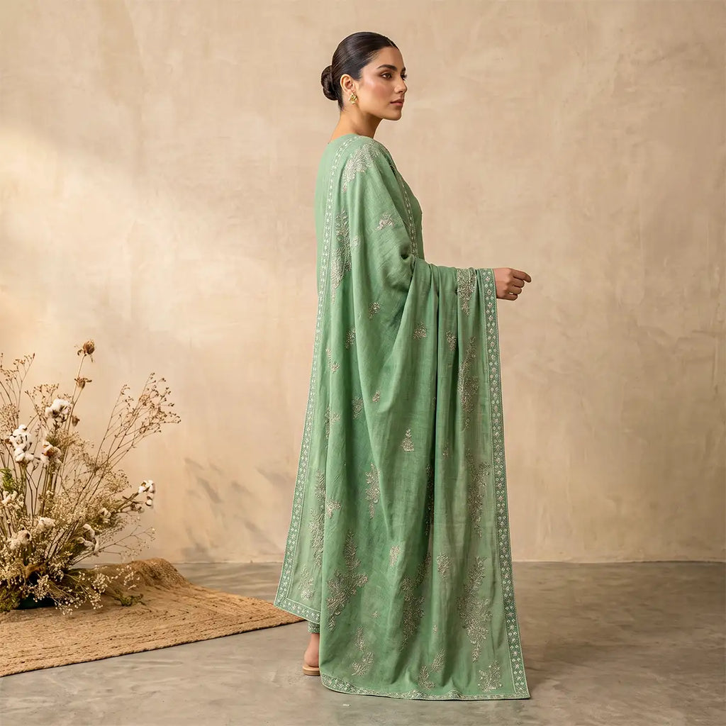 Afsha By Bareeze Fashion Embroidery – Unstitched 3 Piece Suit (Limed Ash)