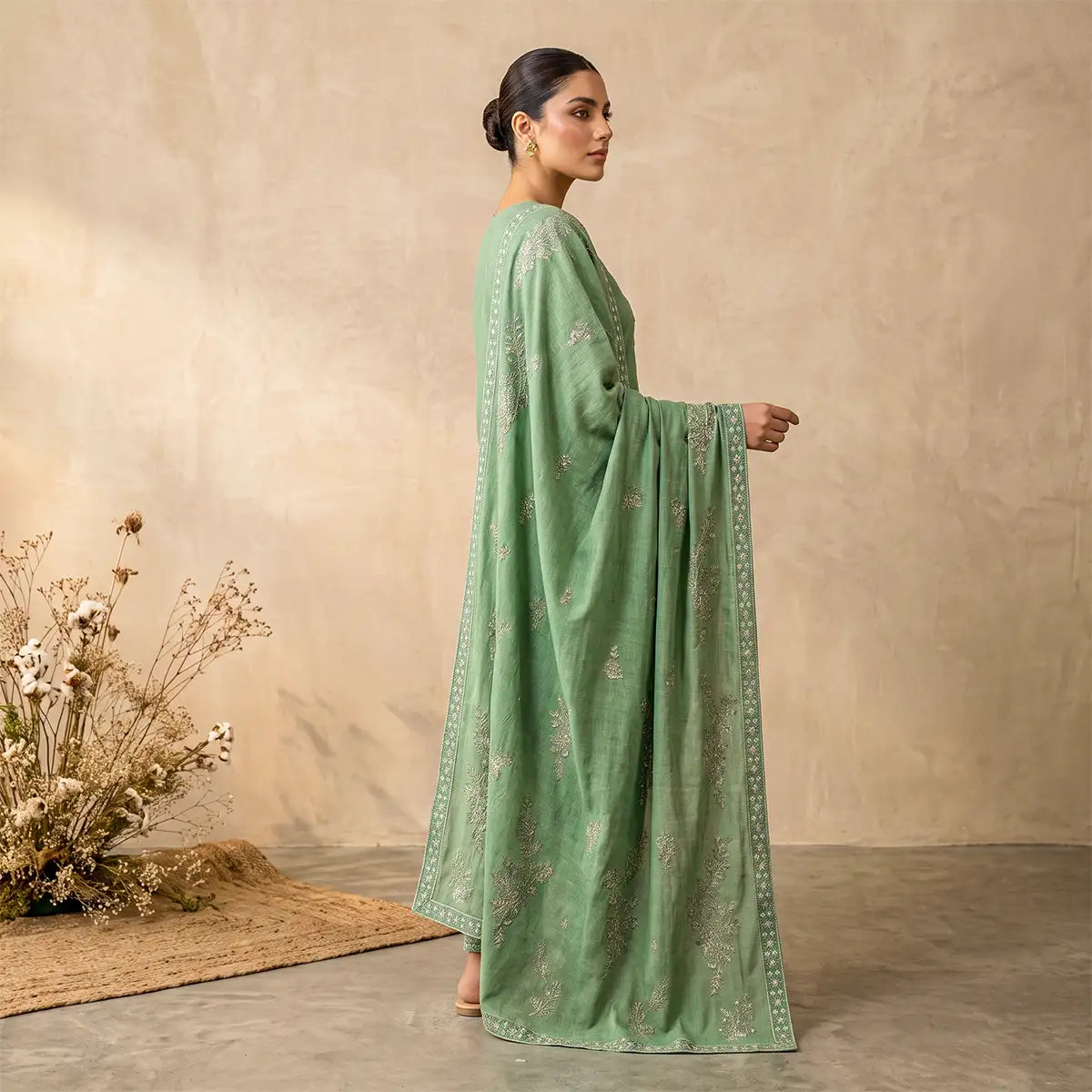 Afsha By Bareeze Fashion Embroidery – Unstitched 3 Piece Suit (Limed Ash)