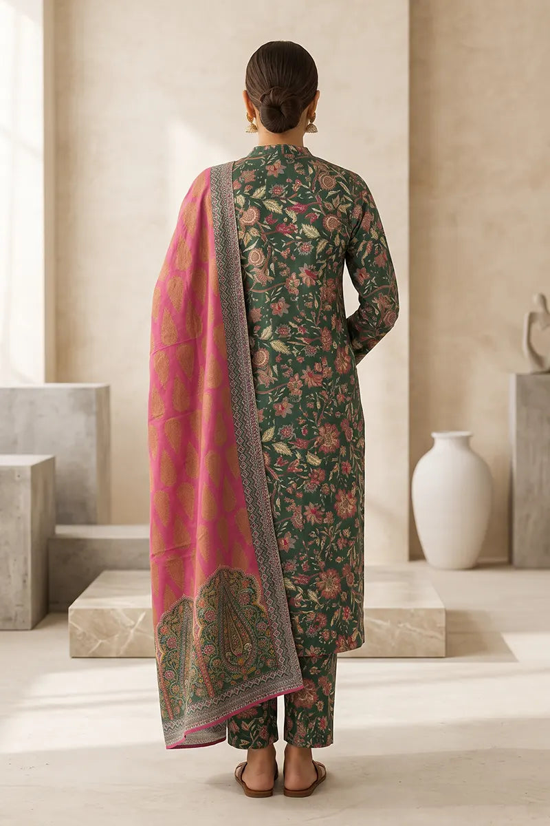 Beechtree - 2piece Stitched suit (Shirt & Dupatta) (Emerald Green & Fuchsia Pink)