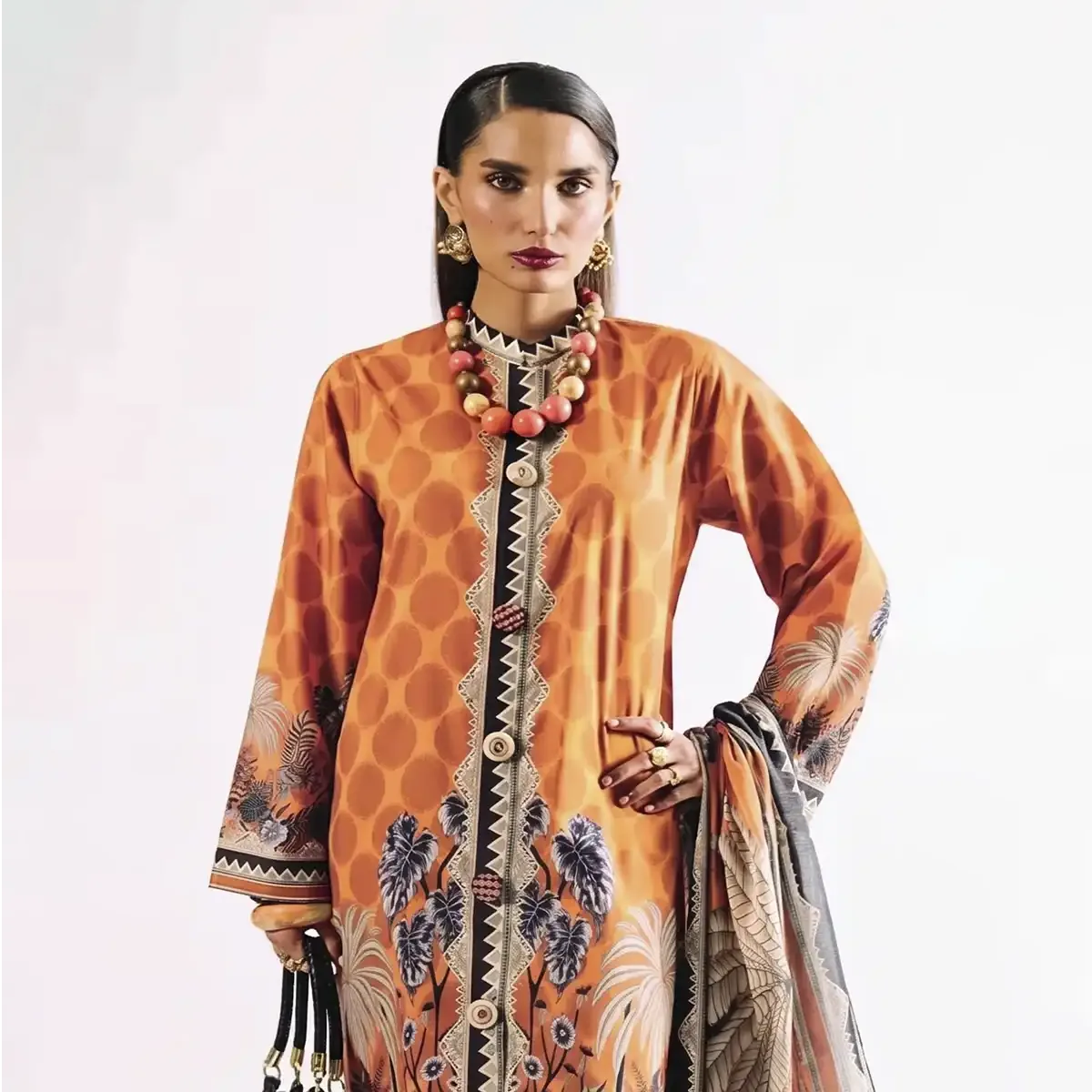 Agha Noor 3-Piece Unstitched Printed Premier Cambric Suit – Orange