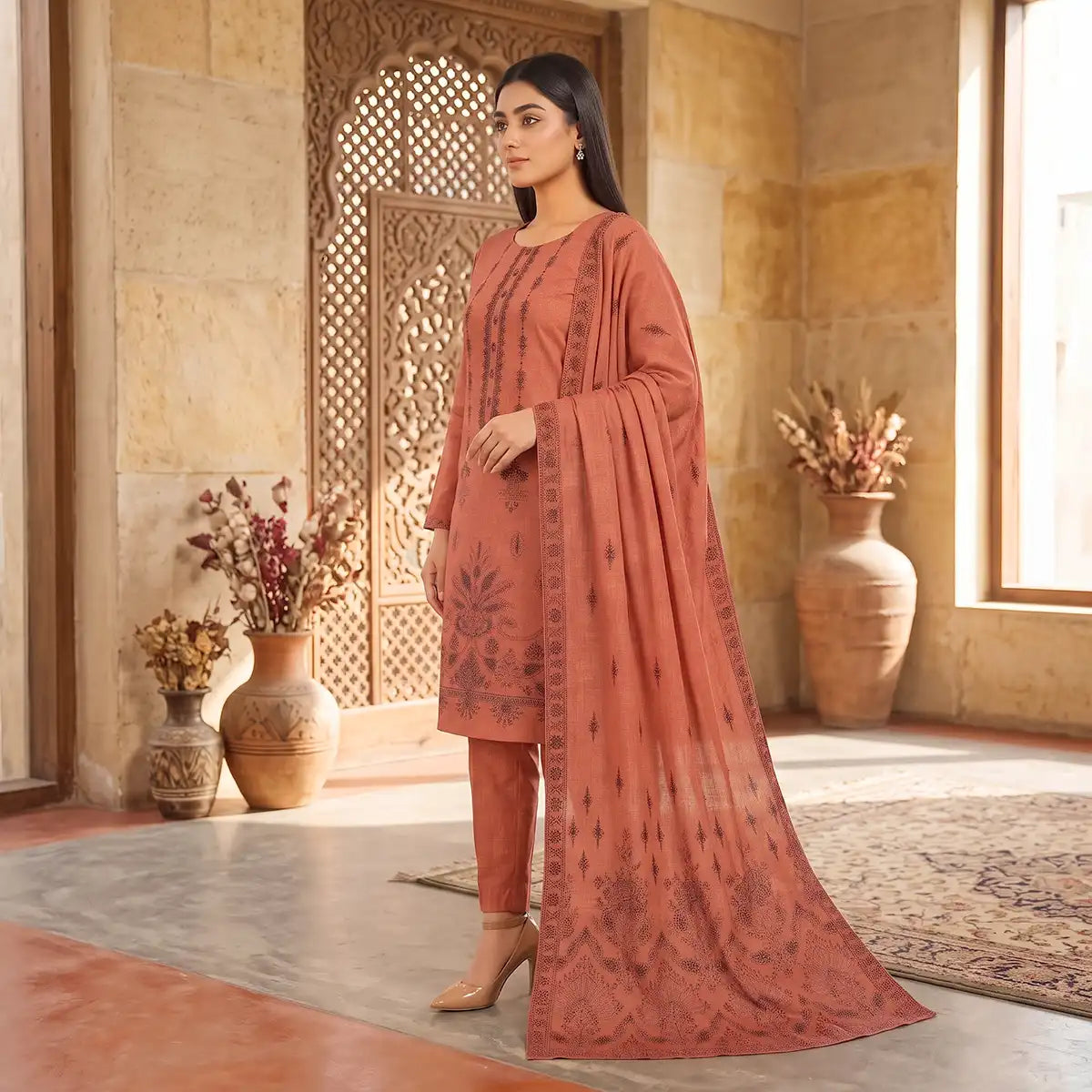 Chaman By Bareeze Embroidery – Unstitched 3 Piece Suit - Peach