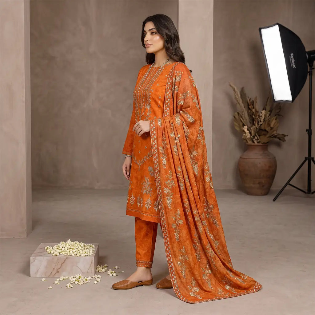 Afsha By Bareeze Fashion Embroidery – Unstitched 3 Piece Suit (Orange)