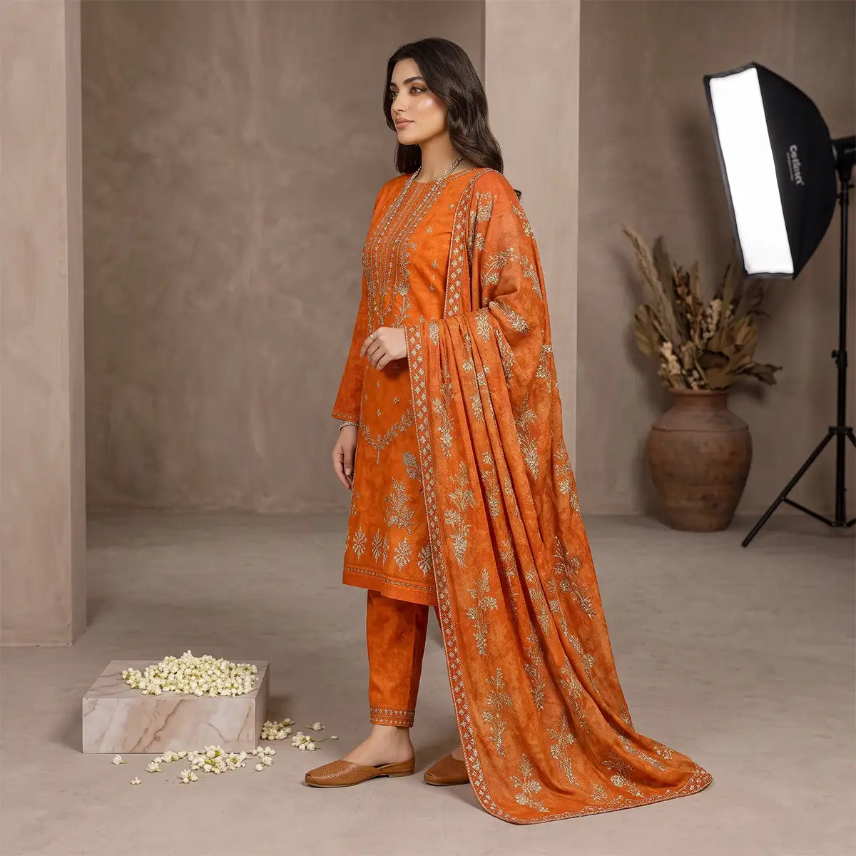 Afsha By Bareeze Fashion Embroidery – Unstitched 3 Piece Suit (Orange)