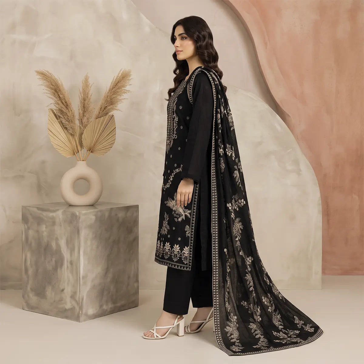 Afsha By Bareeze Fashion Embroidery – Unstitched 3 Piece Suit (Cocoa Black)