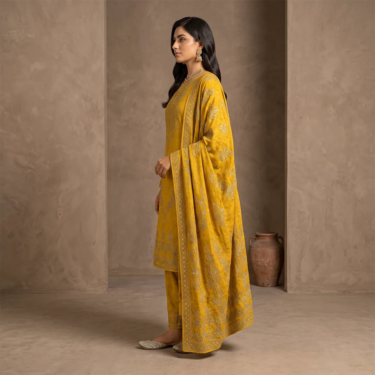 Afsha By Bareeze Fashion Embroidery – Unstitched 3 Piece Suit (Dark Yellow)