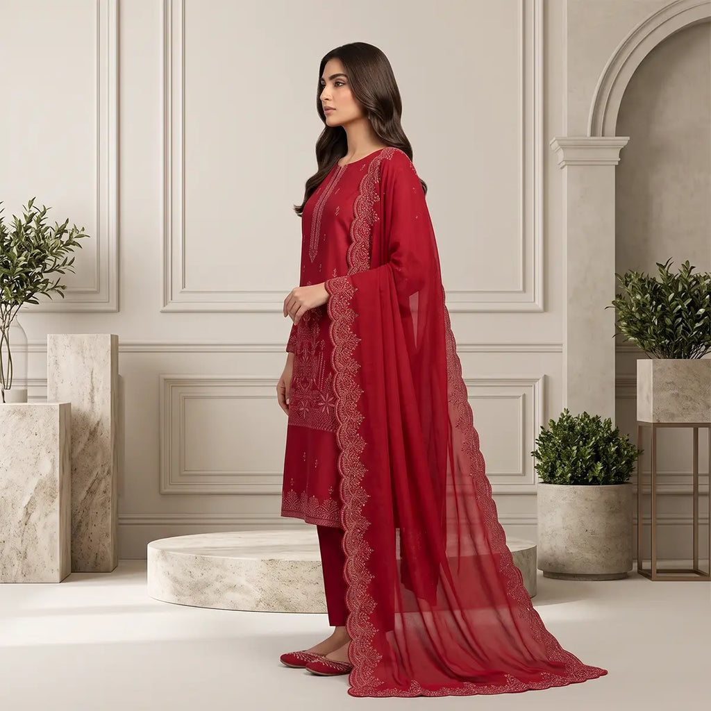 Wajiha By Bareeze Embroidery – Unstitched 3 Piece Suit – Red