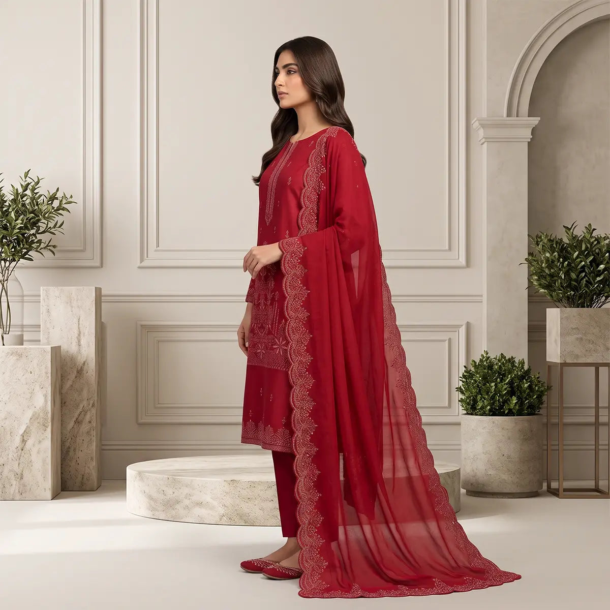 Wajiha By Bareeze Embroidery – Unstitched 3 Piece Suit – Red