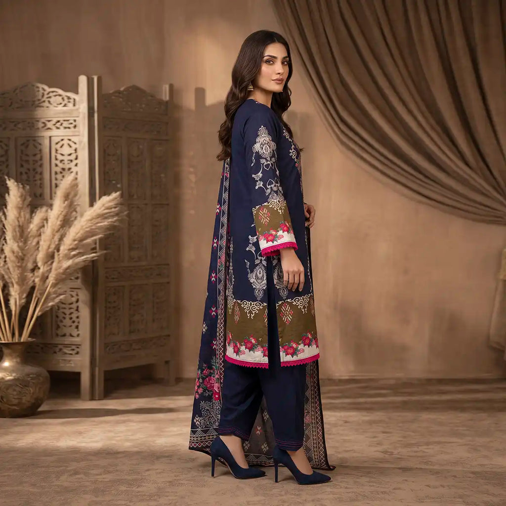 Orchid by KBC Fashion – Printed Khaddar 3 Piece Unstitched Suit – [Navy Blue]