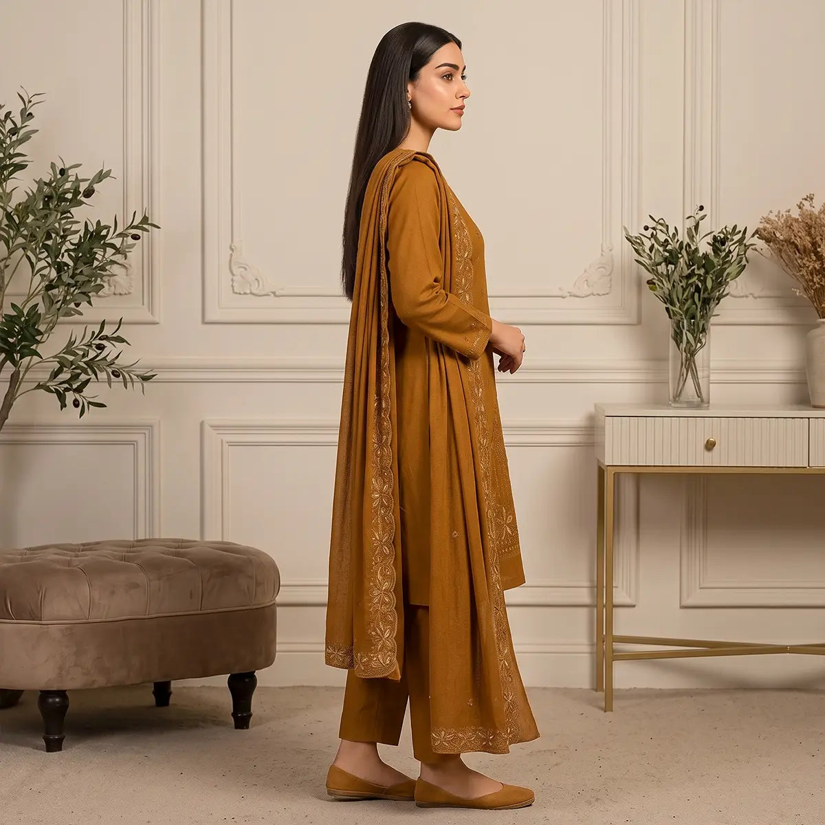 Wajiha By Bareeze Embroidery – Unstitched 3 Piece Suit – Bronze