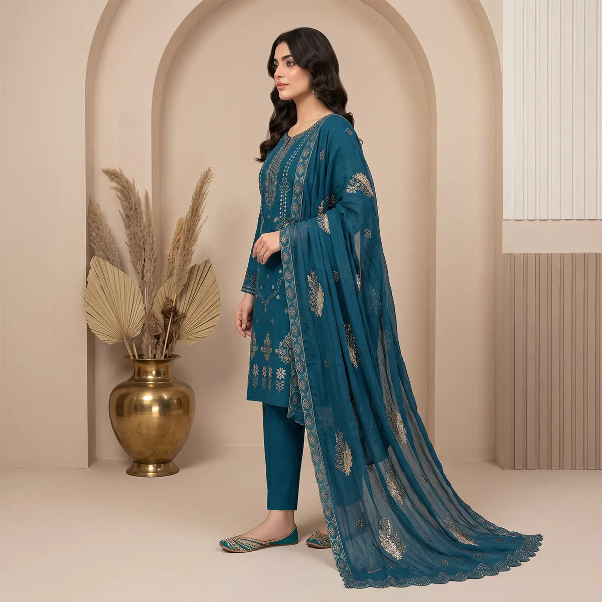 Afsha By Bareeze Fashion Embroidery – Unstitched 3 Piece Suit (Limed Spruce)