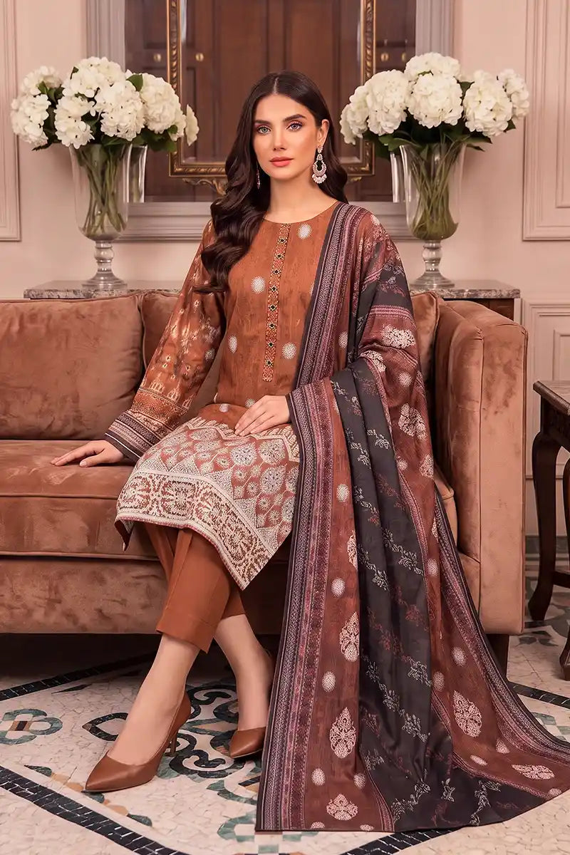 Rimal Vol 118 – Embroidered Unstitched 3-Piece Lawn Suit (Chestnut Brown)