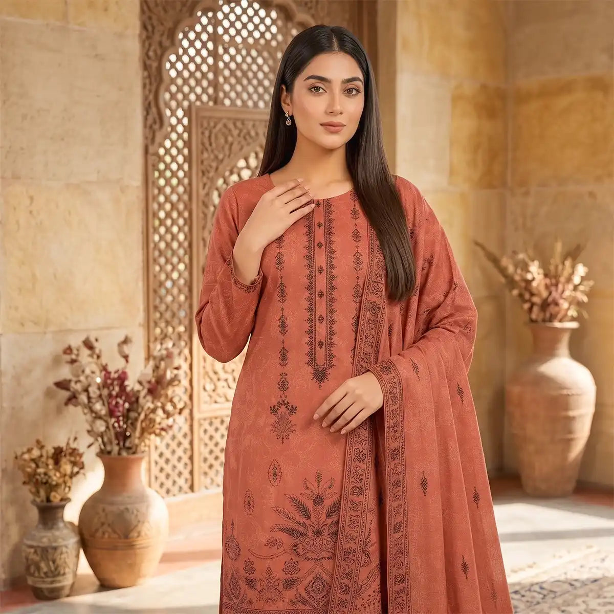 Chaman By Bareeze Embroidery – Unstitched 3 Piece Suit - Peach