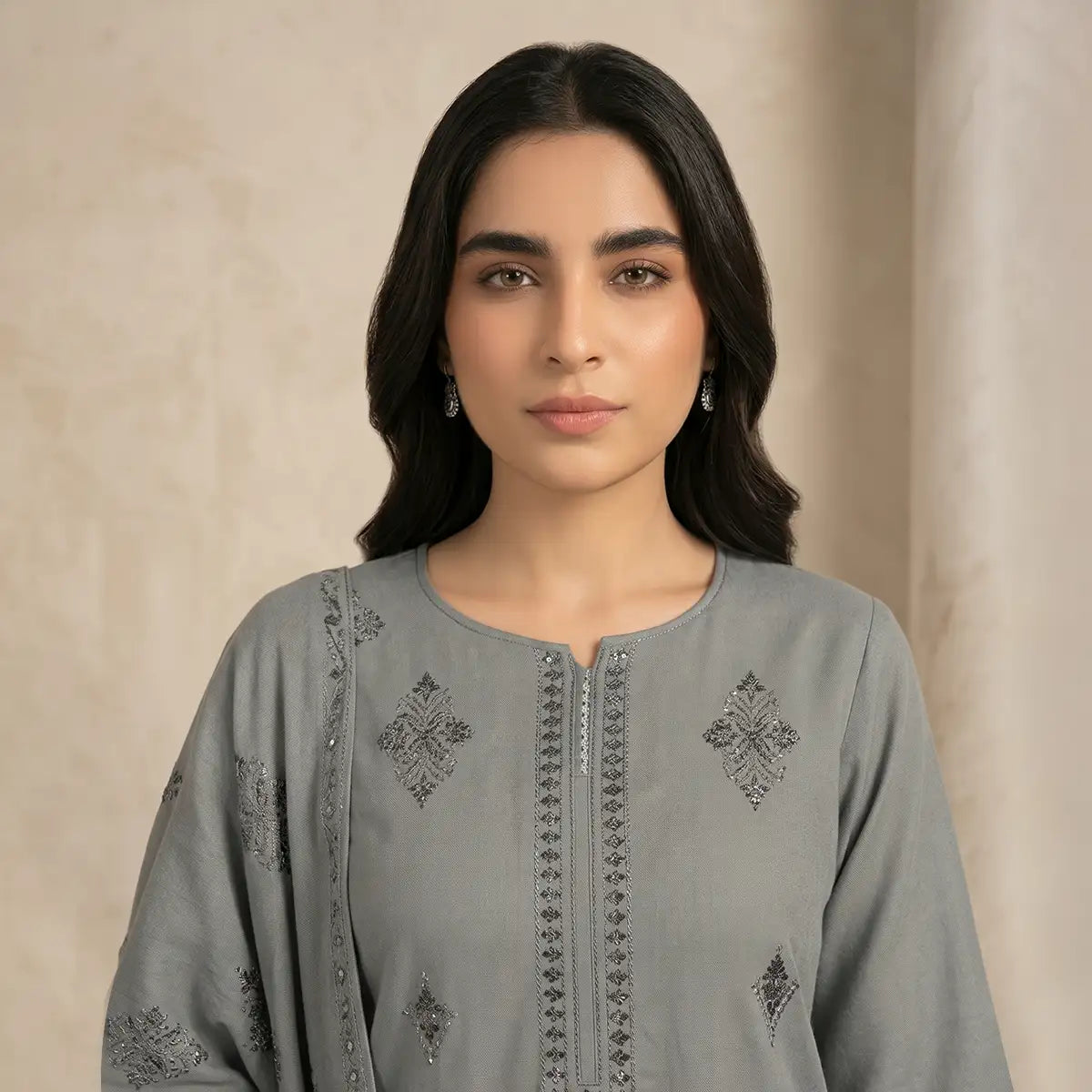 Faiqa By Bareeze Embroidery – Unstitched 3 Piece Suit (Mid Gray)