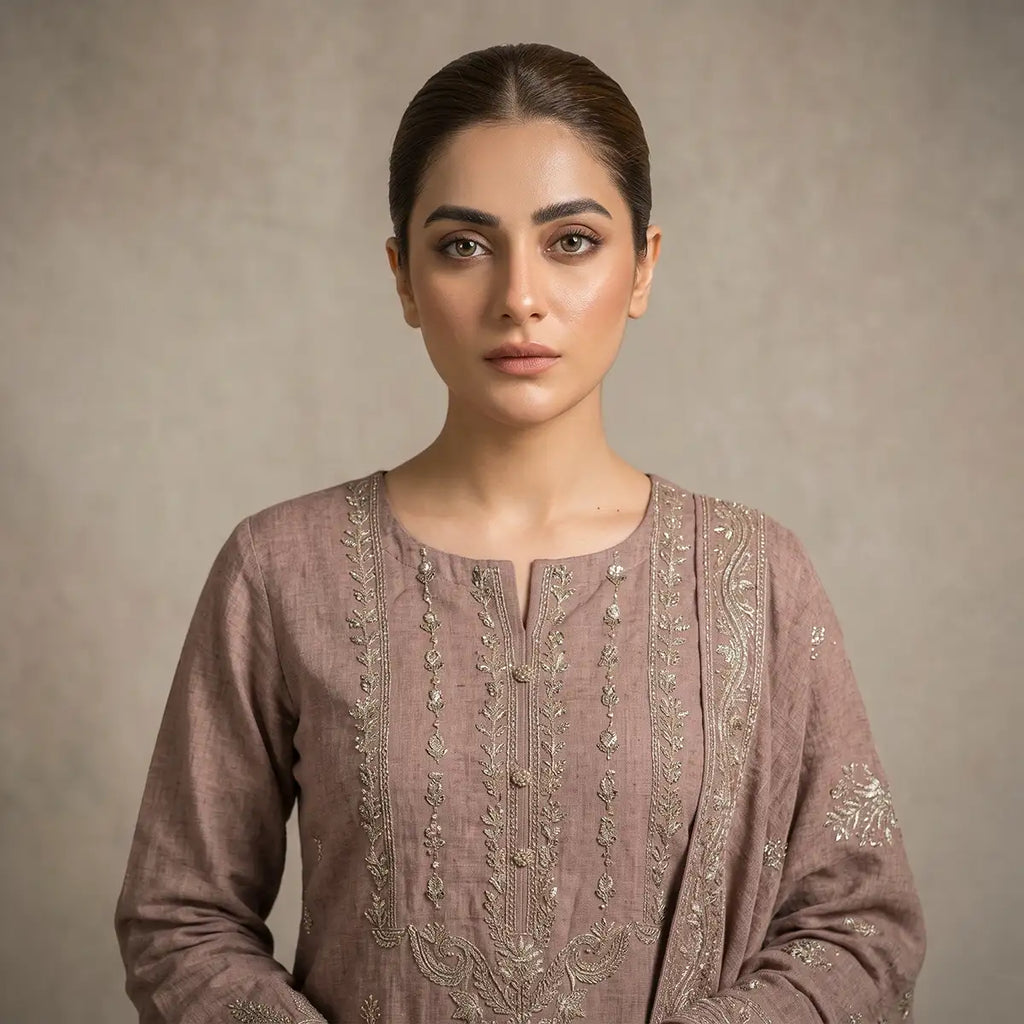 Afsha By Bareeze Fashion Embroidery – Unstitched 3 Piece Suit (Shadow)