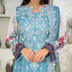 Aarzoo By KBC Fashion – 3 Piece Unstitched Embroidered Lawn Suit  – Sky Blue