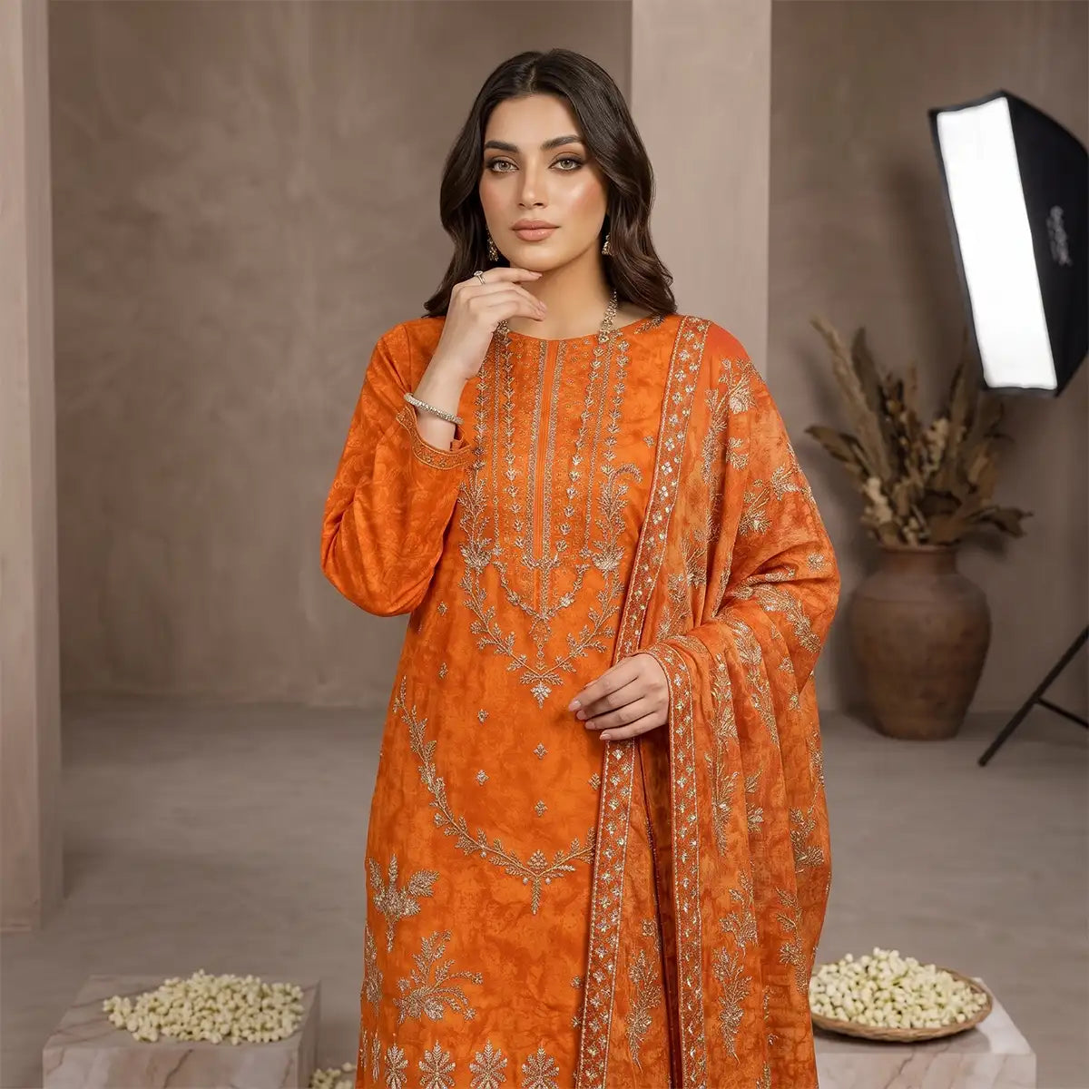 Afsha By Bareeze Fashion Embroidery – Unstitched 3 Piece Suit (Orange)