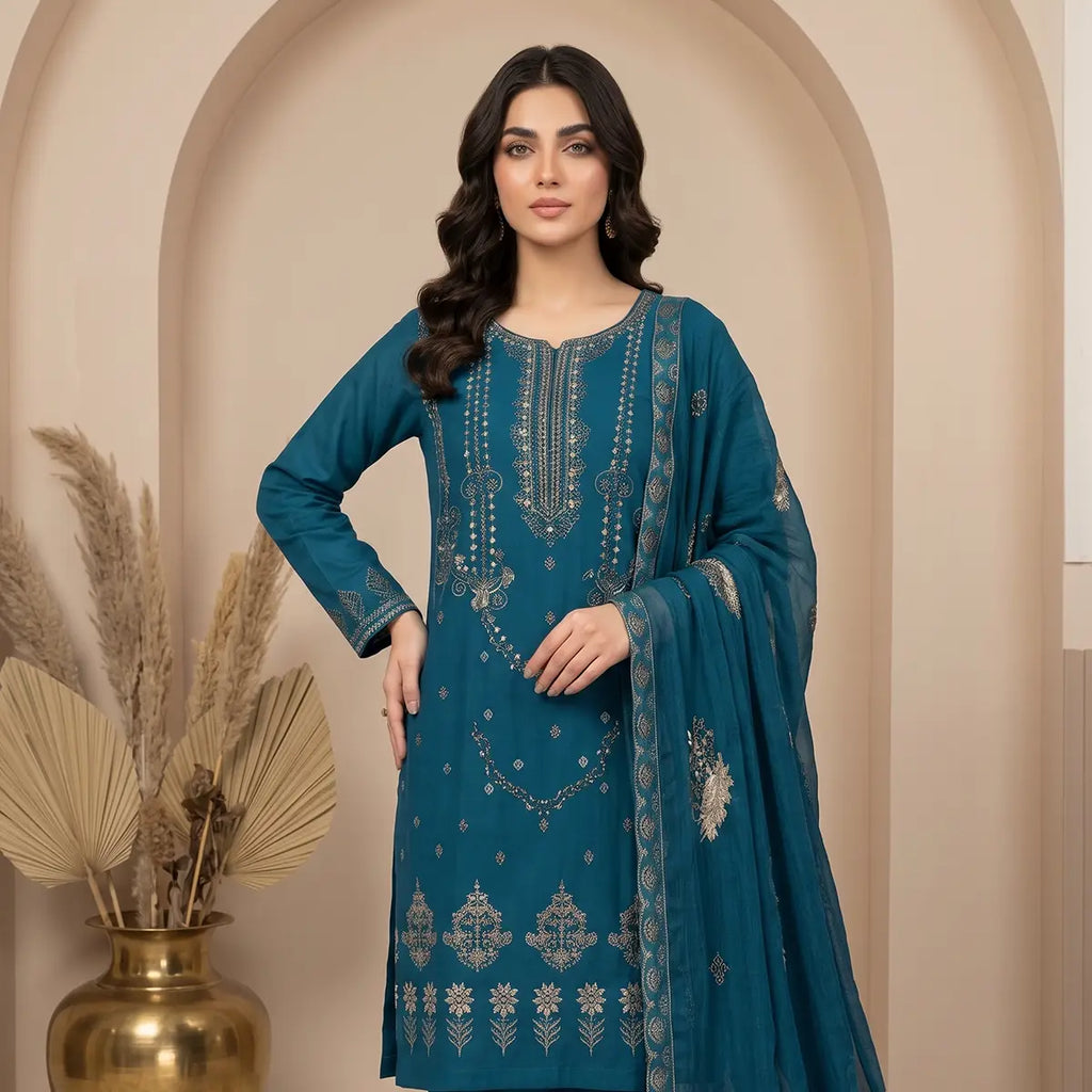 Afsha By Bareeze Fashion Embroidery – Unstitched 3 Piece Suit (Limed Spruce)