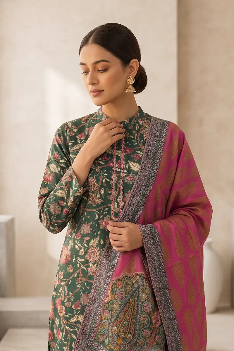 Beechtree - 2piece Stitched suit (Shirt & Dupatta) (Emerald Green & Fuchsia Pink)