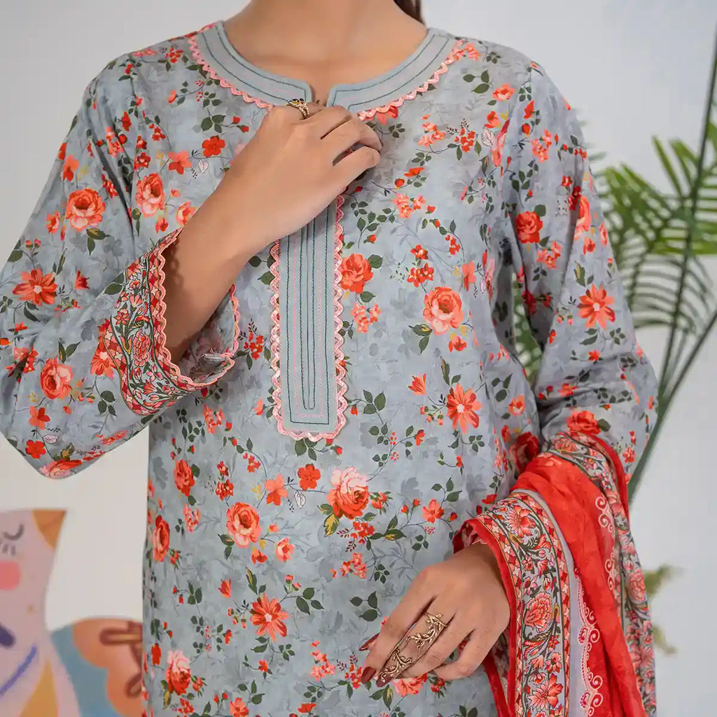 Parthia By KBC Fashion - 3PC Unstitched Printed Cambric Suit (Light Grey)