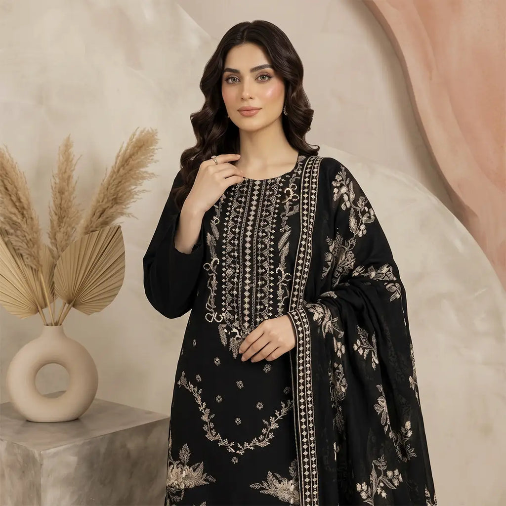 Afsha By Bareeze Fashion Embroidery – Unstitched 3 Piece Suit (Cocoa Black)
