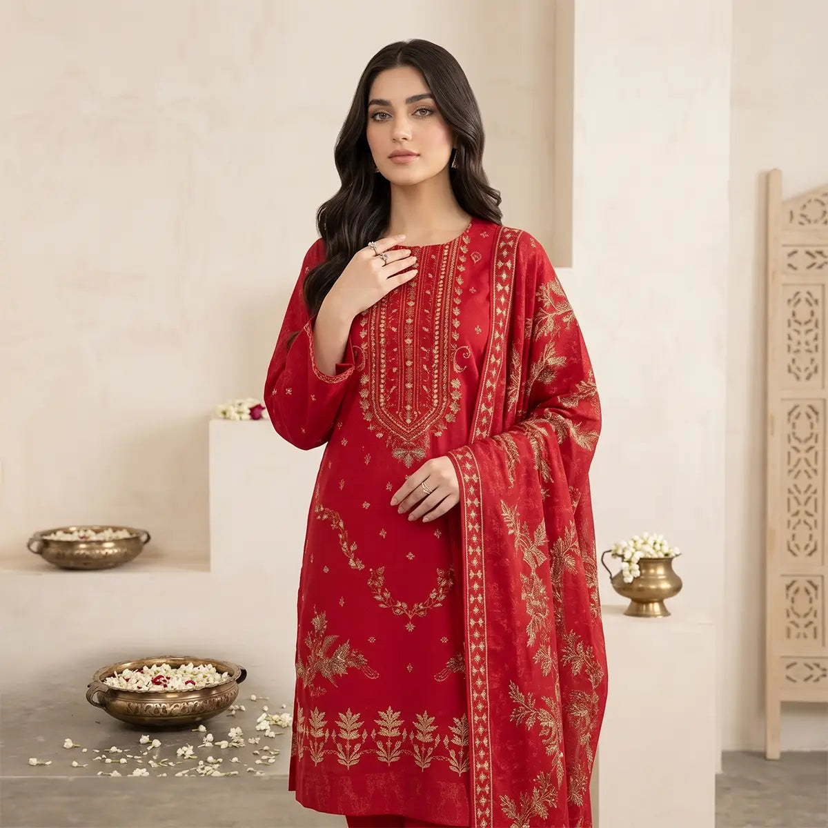 Afsha By Bareeze Fashion Embroidery – Unstitched 3 Piece Suit (Red)