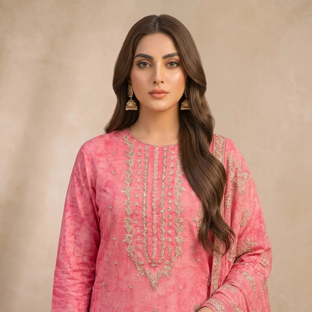 Afsha By Bareeze Fashion Embroidery – Unstitched 3 Piece Suit (Brick Pink)