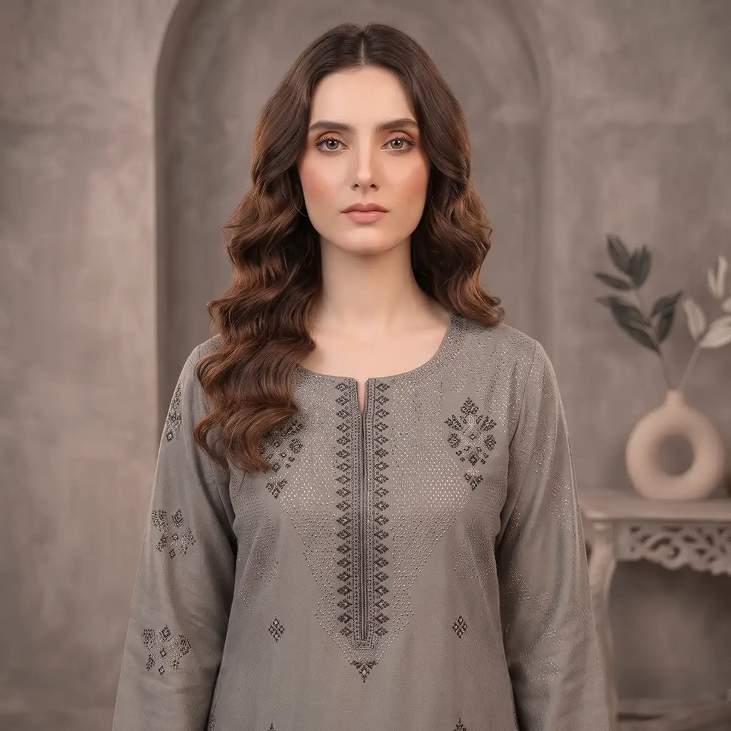 Faiqa By Bareeze Embroidery – Unstitched 3 Piece Suit (Potters Clay)