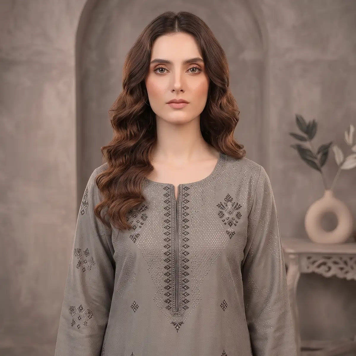 Faiqa By Bareeze Embroidery – Unstitched 3 Piece Suit (Potters Clay)