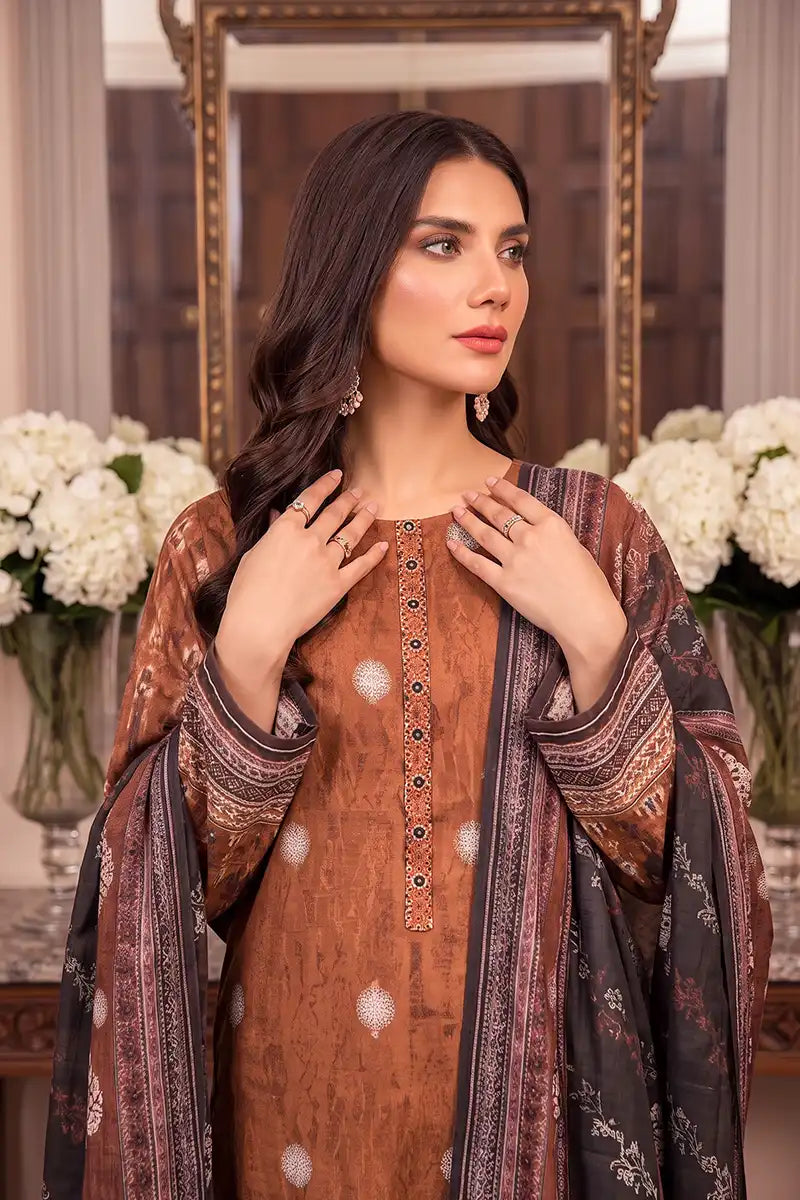 Rimal Vol 118 – Embroidered Unstitched 3-Piece Lawn Suit (Chestnut Brown)