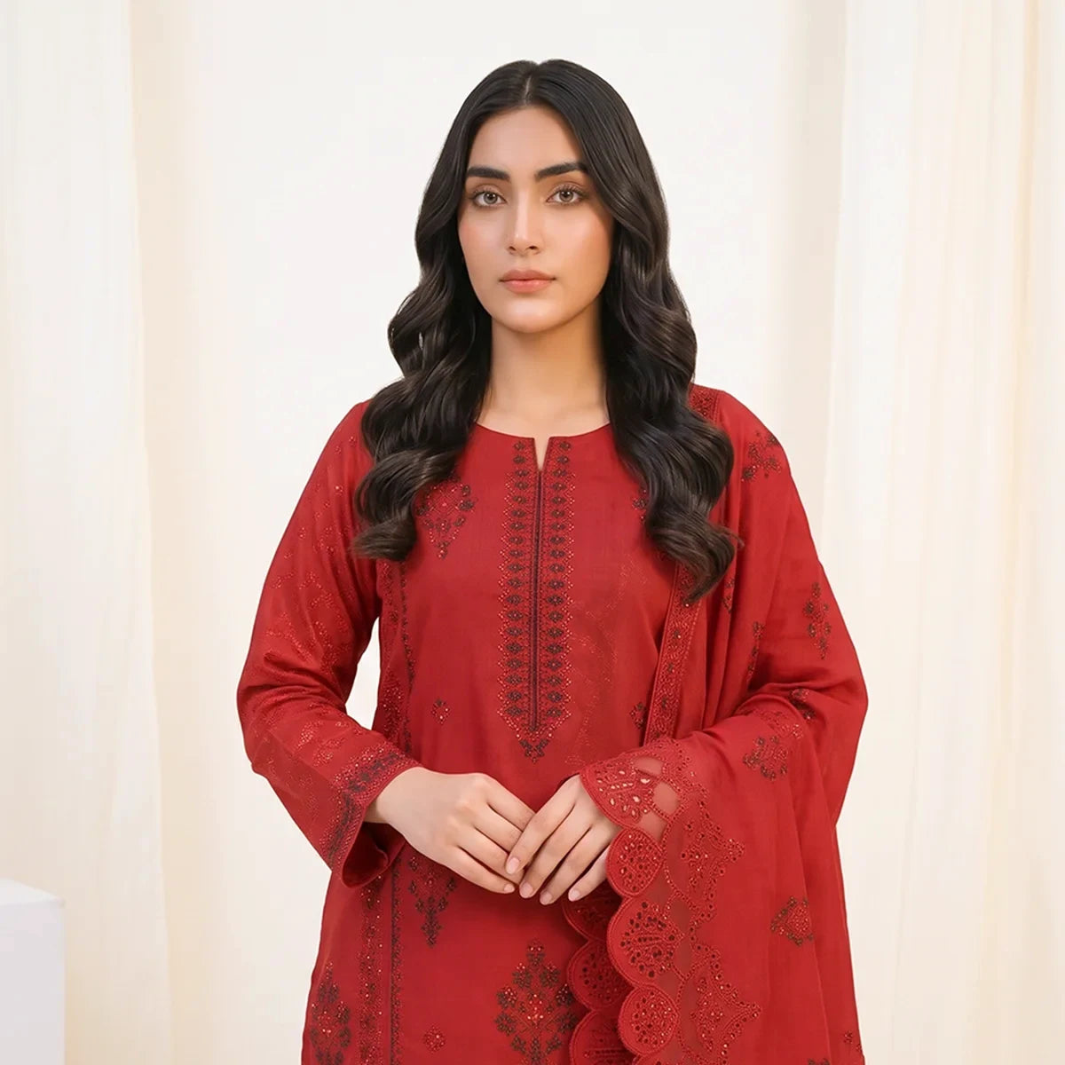 Faiqa By Bareeze Embroidery – Unstitched 3 Piece Suit (Red)