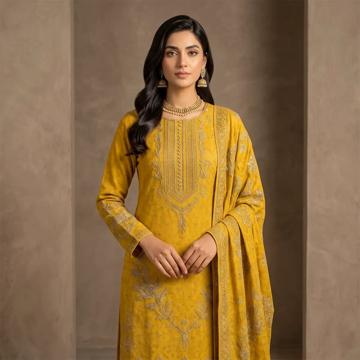 Afsha By Bareeze Fashion Embroidery – Unstitched 3 Piece Suit (Dark Yellow)