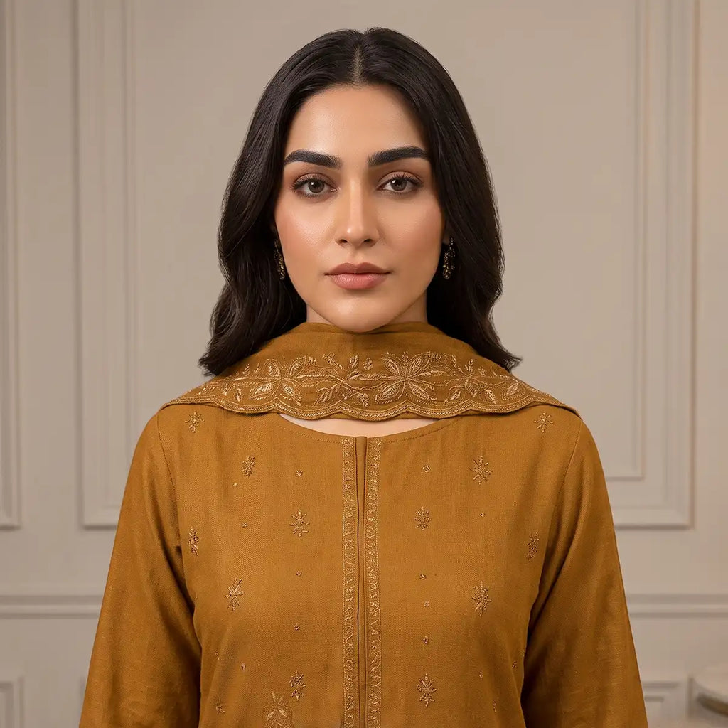 Wajiha By Bareeze Embroidery – Unstitched 3 Piece Suit – Bronze